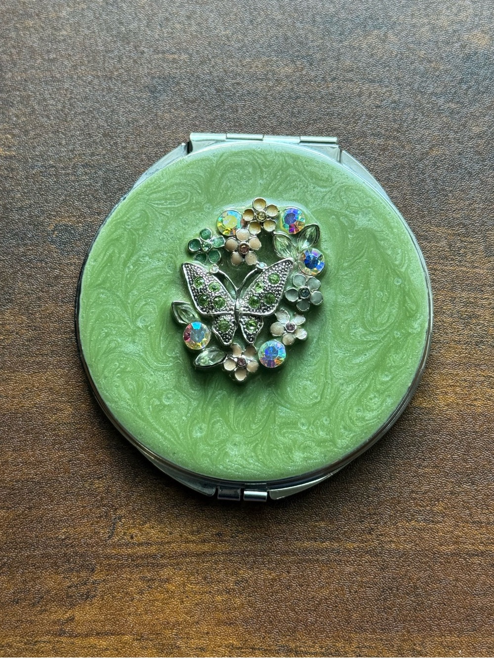 Vintage Green Rhinestone Flower and Butterfly mirror compact